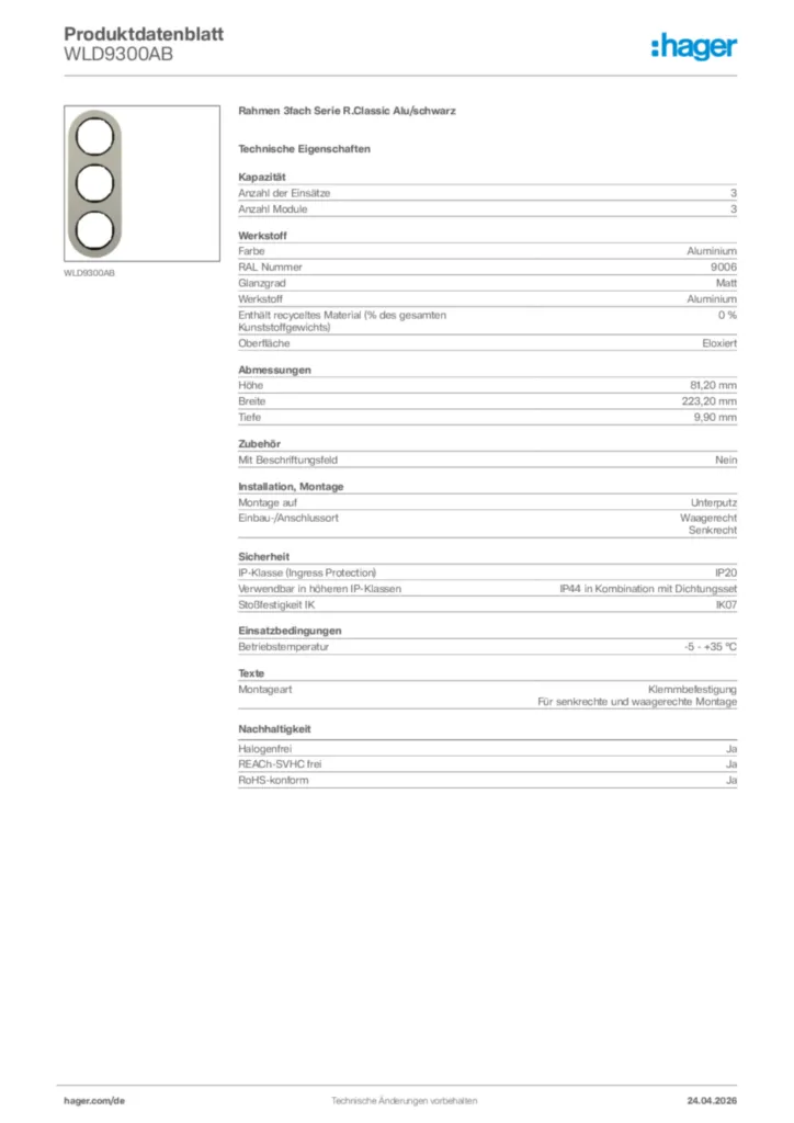 Bild Hager Produktdatenblatt WLD9300AB | Hager Deutschland