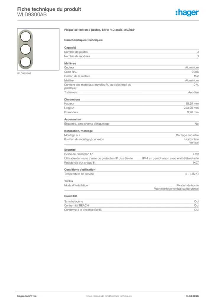 Image Hager Fiche technique du produit WLD9300AB | Hager Belgique