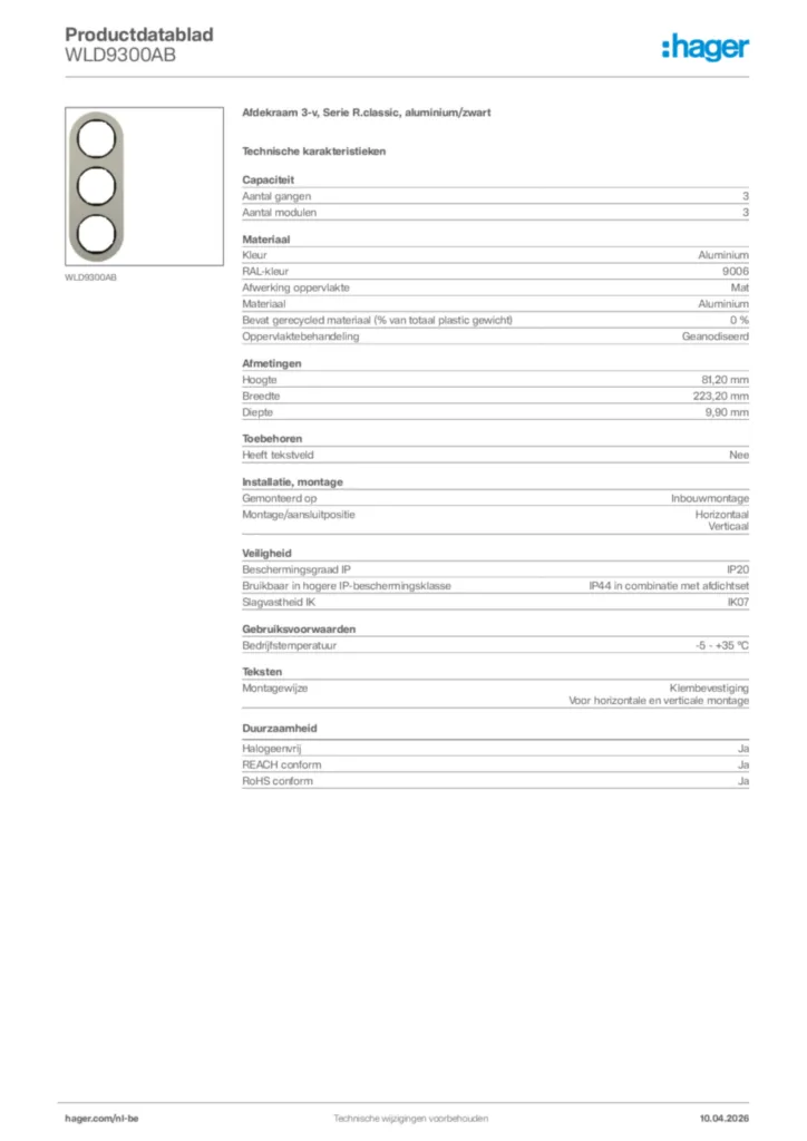 Afbeelding Hager Productdatablad WLD9300AB | Hager Belgium