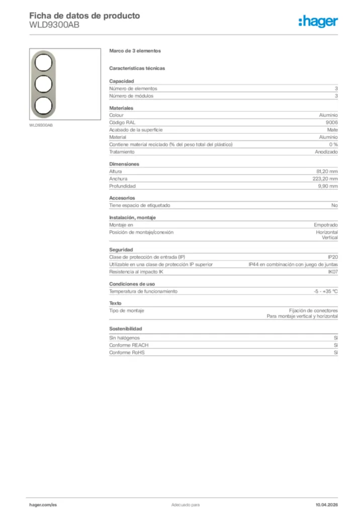 Imagen Hager Ficha de datos de producto WLD9300AB | Hager España