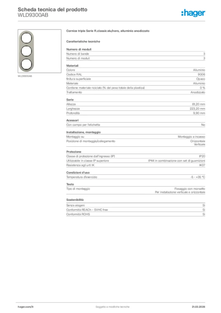 Immagine Hager Scheda tecnica del prodotto WLD9300AB | Hager Italia