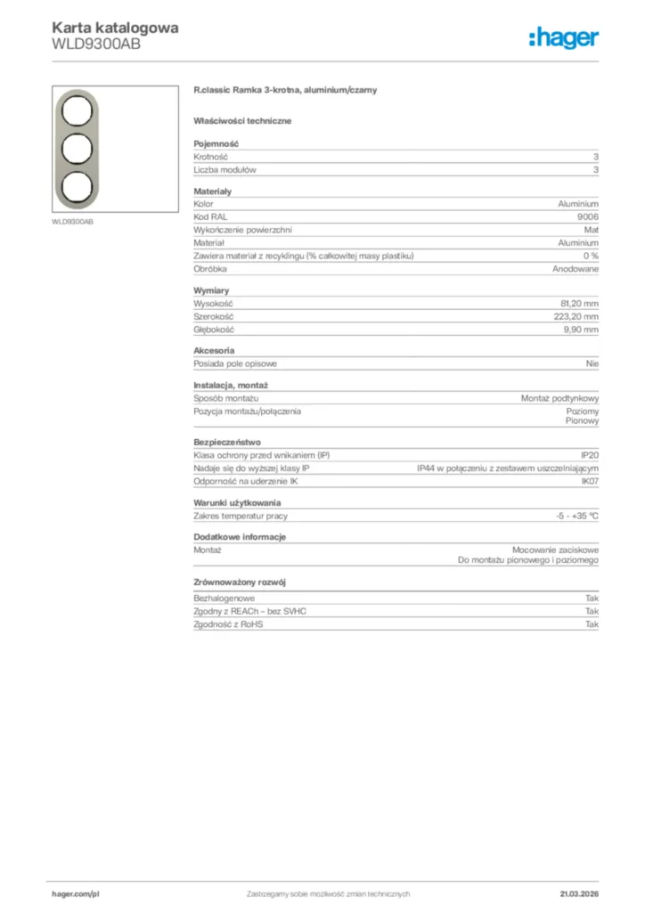 Zdjęcie Hager Karta katalogowa WLD9300AB | Hager Polska