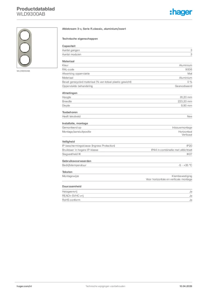 Afbeelding Hager Productdatablad WLD9300AB | Hager Nederland