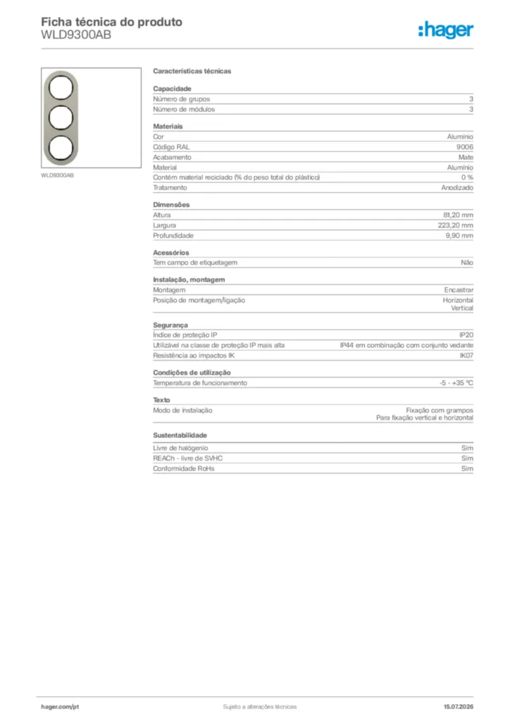 Imagem Hager Ficha técnica do produto WLD9300AB | Hager Portugal
