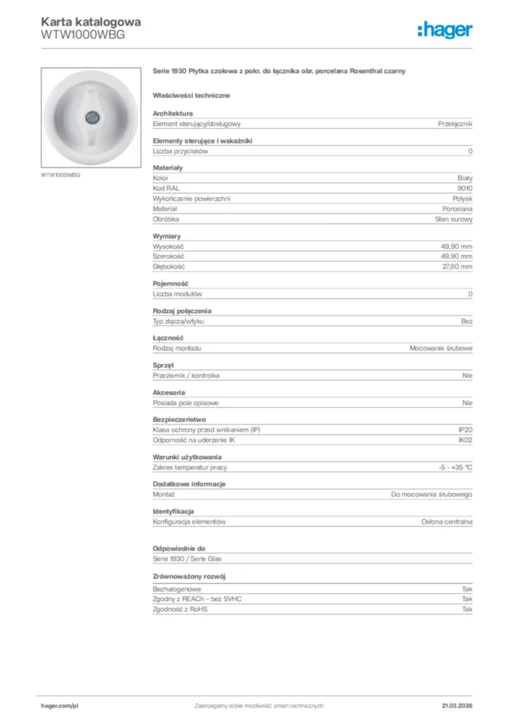 Zdjęcie Hager Karta katalogowa WTW1000WBG | Hager Polska