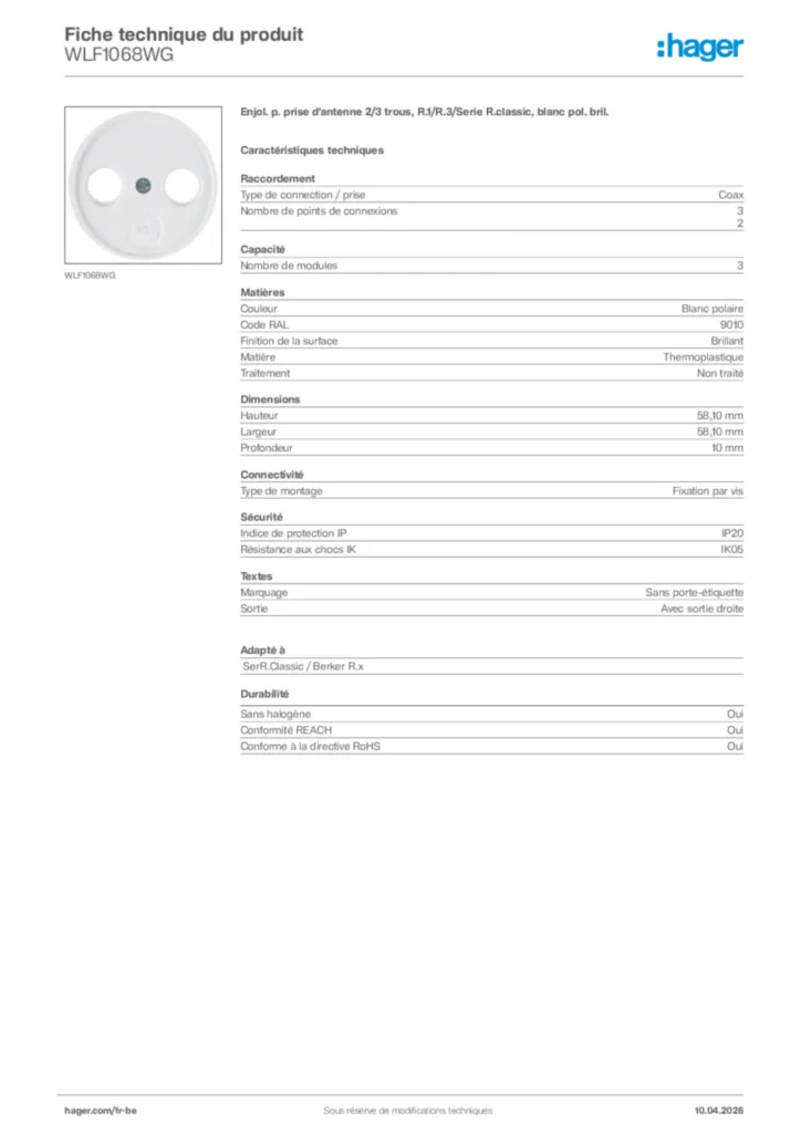 Image Hager Fiche technique du produit WLF1068WG | Hager Belgique