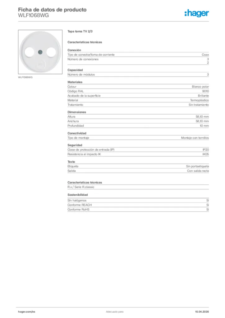 Imagen Hager Ficha de datos de producto WLF1068WG | Hager España