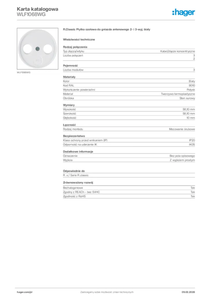 Zdjęcie Hager Karta katalogowa WLF1068WG | Hager Polska