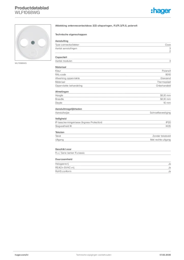 Afbeelding Hager Productdatablad WLF1068WG | Hager Nederland