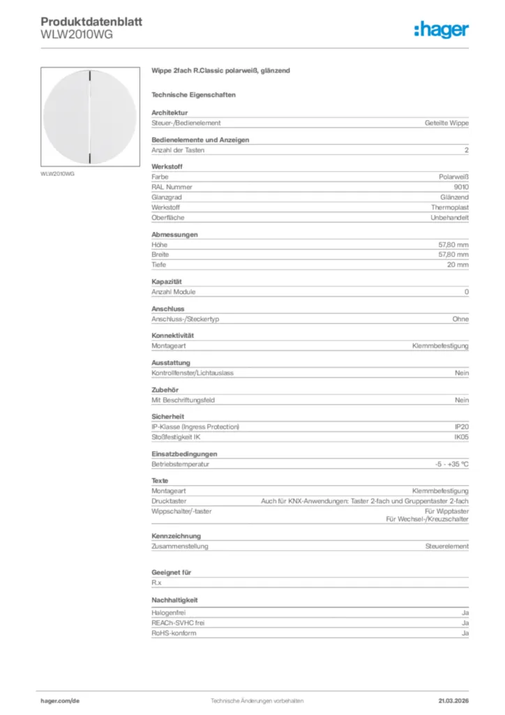 Bild Hager Produktdatenblatt WLW2010WG | Hager Deutschland