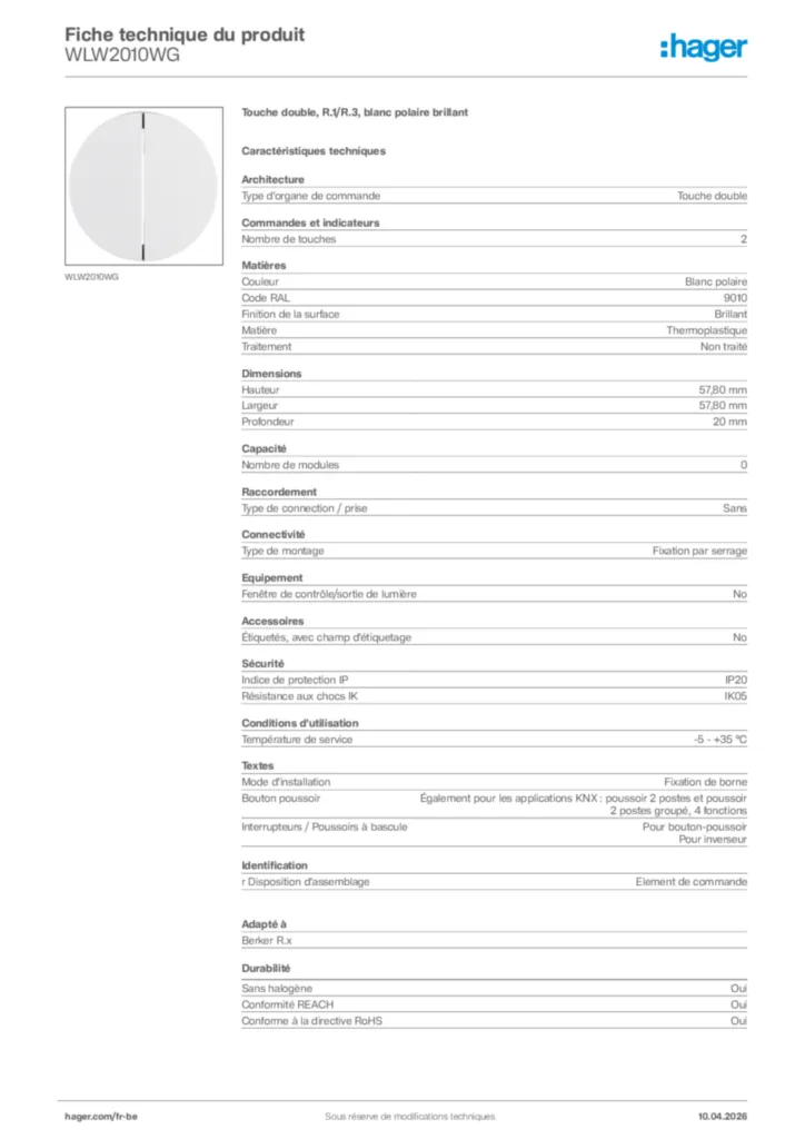 Image Hager Fiche technique du produit WLW2010WG | Hager Belgique