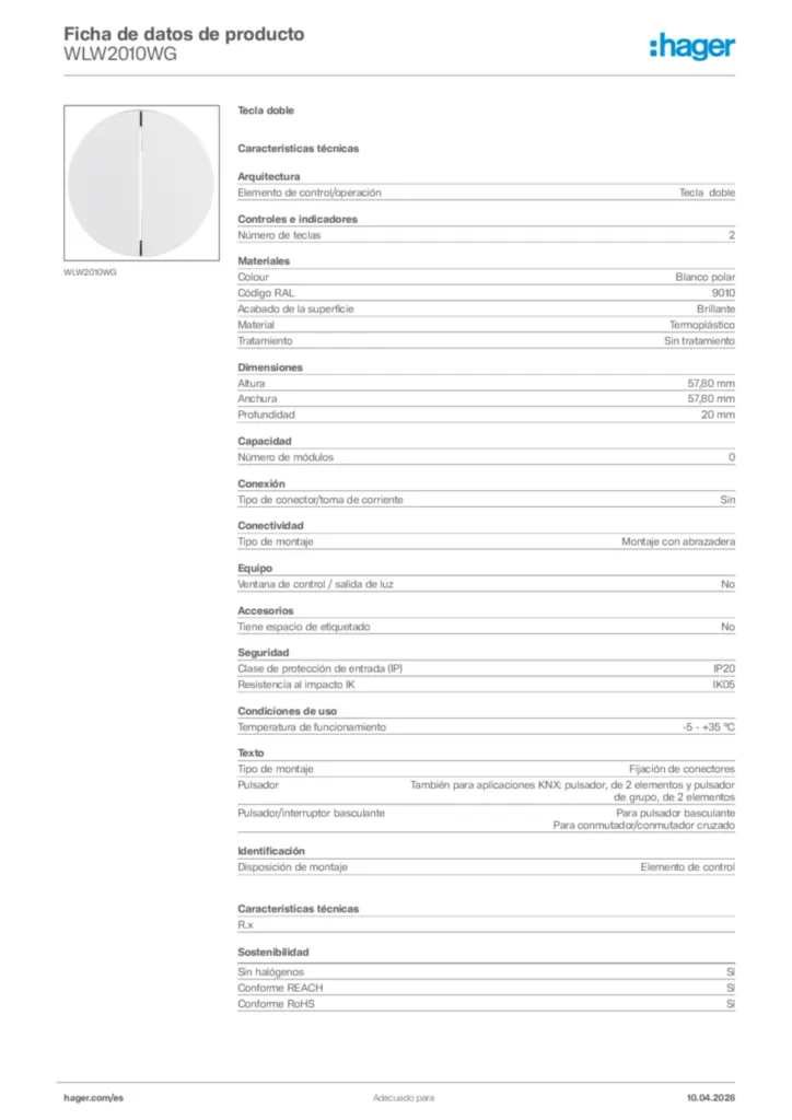 Imagen Hager Ficha de datos de producto WLW2010WG | Hager España