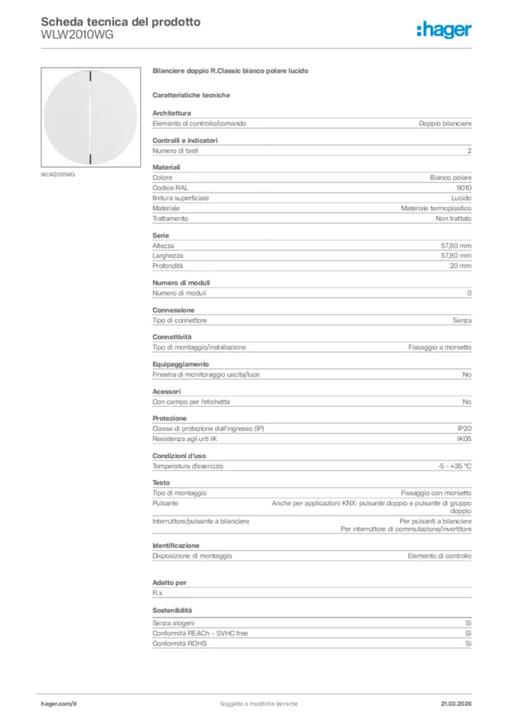 Immagine Hager Scheda tecnica del prodotto WLW2010WG | Hager Italia