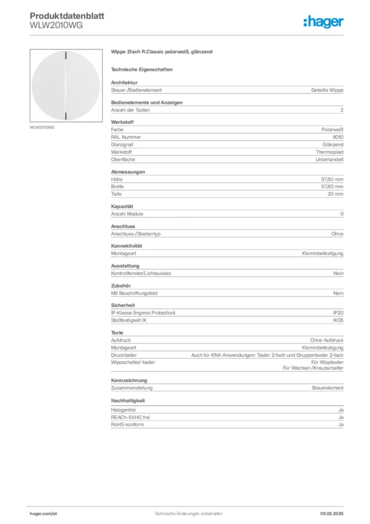 Bild Hager Produktdatenblatt WLW2010WG | Hager Deutschland