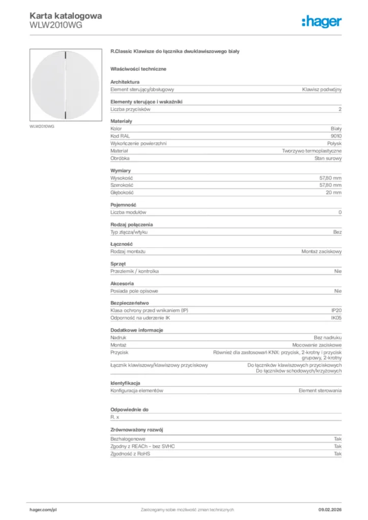 Zdjęcie Hager Karta katalogowa WLW2010WG | Hager Polska
