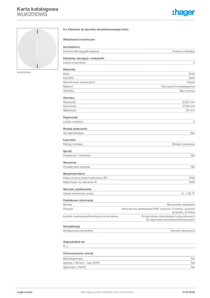 Zdjęcie Hager Karta katalogowa WLW2010WG | Hager Polska