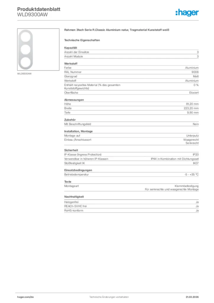 Bild Hager Produktdatenblatt WLD9300AW | Hager Deutschland