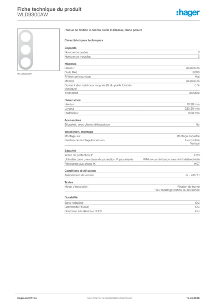 Image Hager Fiche technique du produit WLD9300AW | Hager Belgique