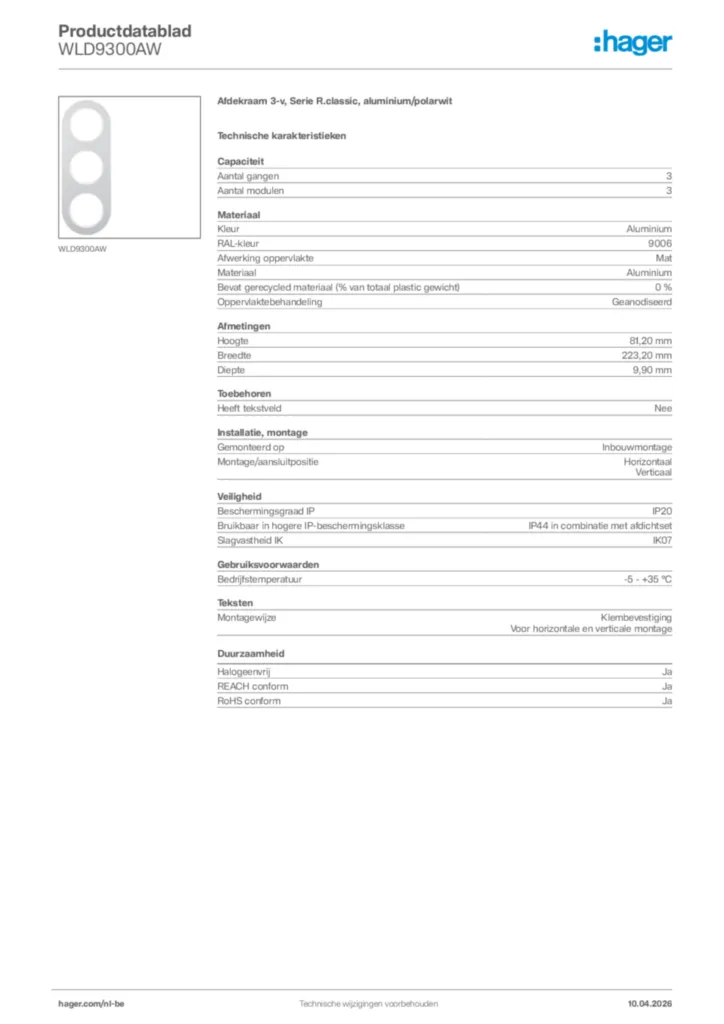 Afbeelding Hager Productdatablad WLD9300AW | Hager Belgium