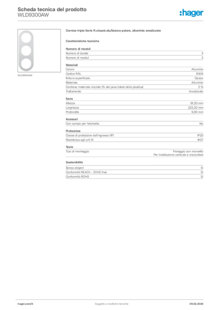 Immagine Hager Scheda tecnica del prodotto WLD9300AW | Hager Italia