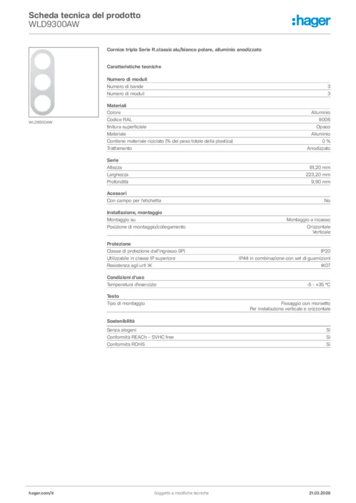 Immagine Hager Scheda tecnica del prodotto WLD9300AW | Hager Italia