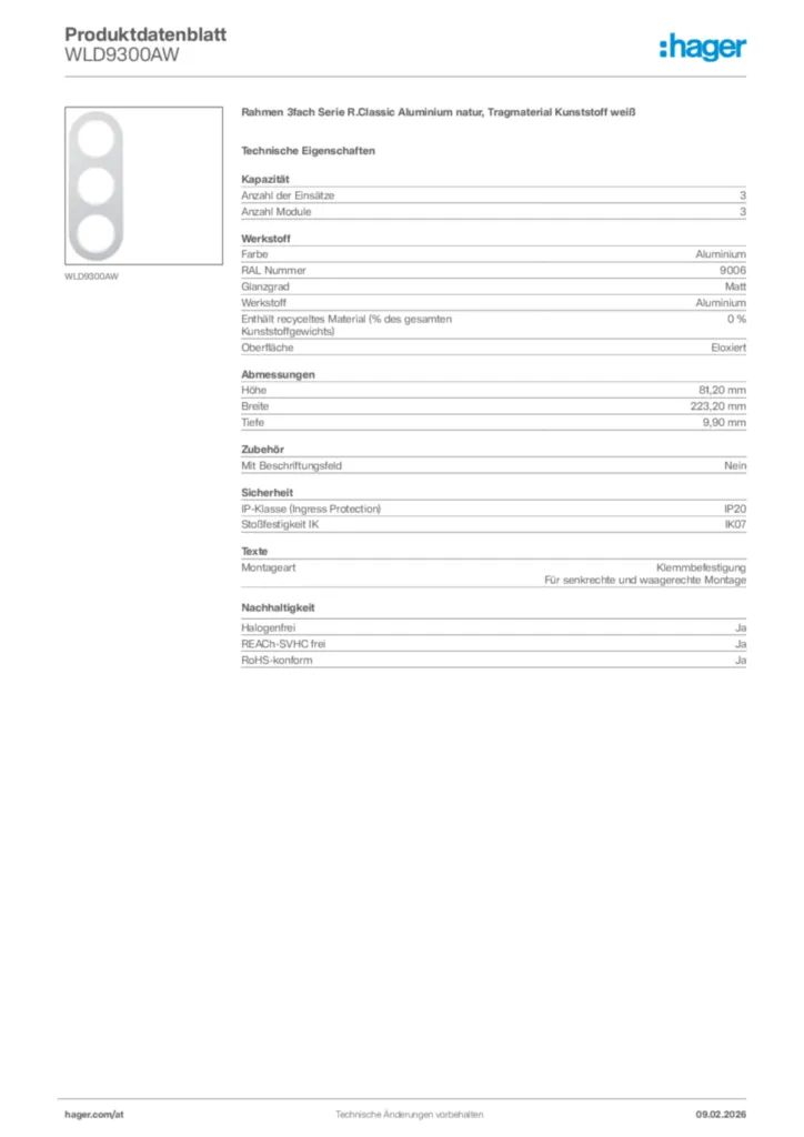 Bild Hager Produktdatenblatt WLD9300AW | Hager Deutschland