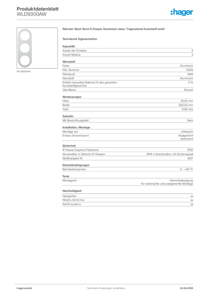 Bild Hager Produktdatenblatt WLD9300AW | Hager Deutschland