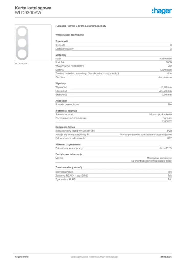 Zdjęcie Hager Karta katalogowa WLD9300AW | Hager Polska