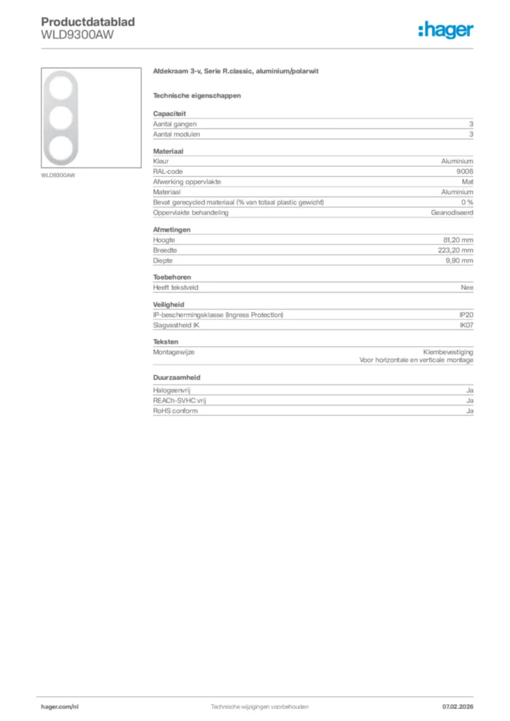 Afbeelding Hager Productdatablad WLD9300AW | Hager Nederland