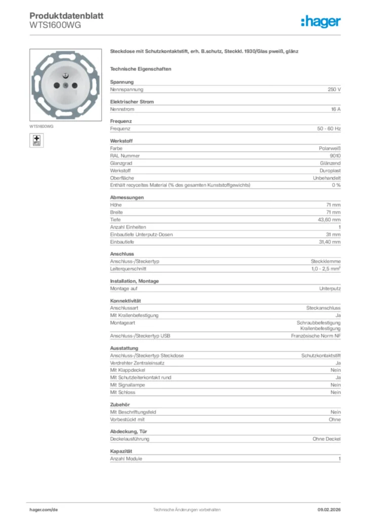 Bild Hager Produktdatenblatt WTS1600WG | Hager Deutschland