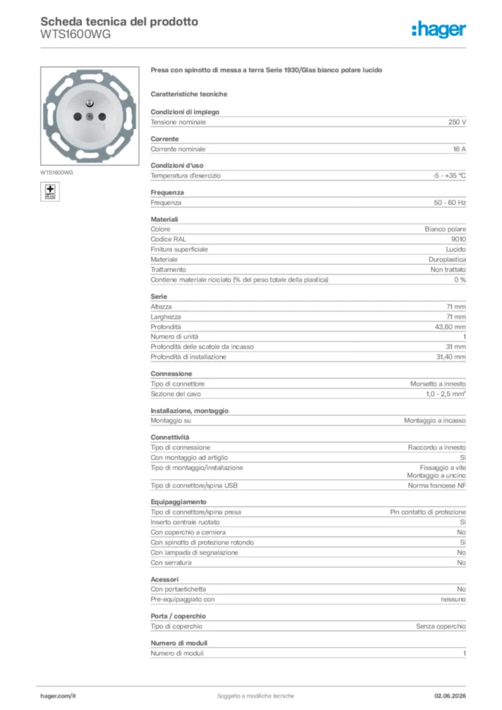 Immagine Hager Scheda tecnica del prodotto WTS1600WG | Hager Italia