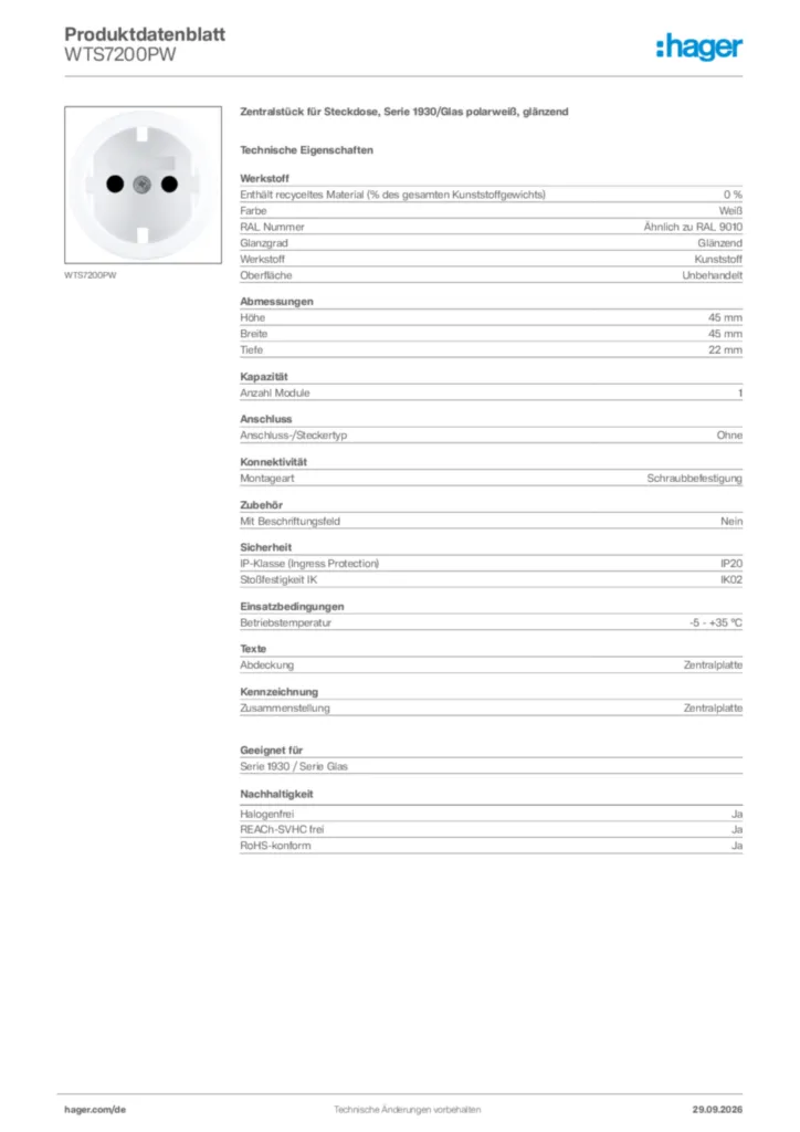 Bild Hager Produktdatenblatt WTS7200PW | Hager Deutschland