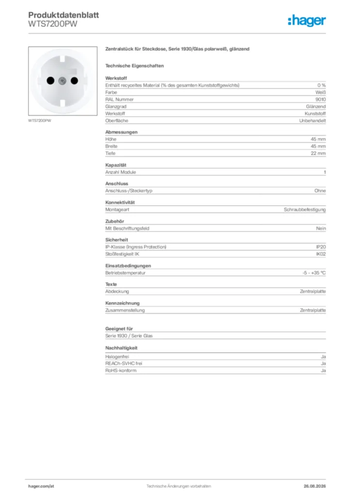 Bild Hager Produktdatenblatt WTS7200PW | Hager Deutschland