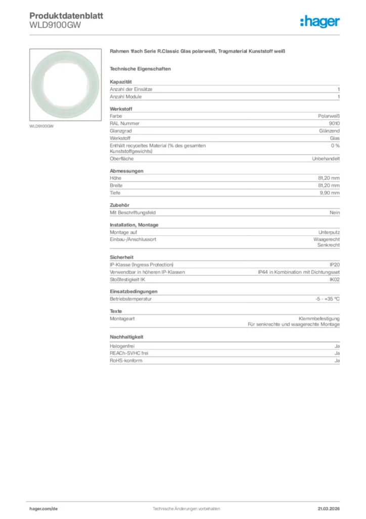 Bild Hager Produktdatenblatt WLD9100GW | Hager Deutschland