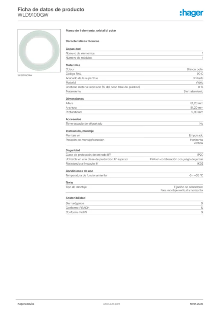 Imagen Hager Ficha de datos de producto WLD9100GW | Hager España