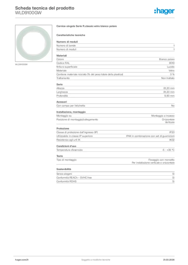 Immagine Hager Scheda tecnica del prodotto WLD9100GW | Hager Italia