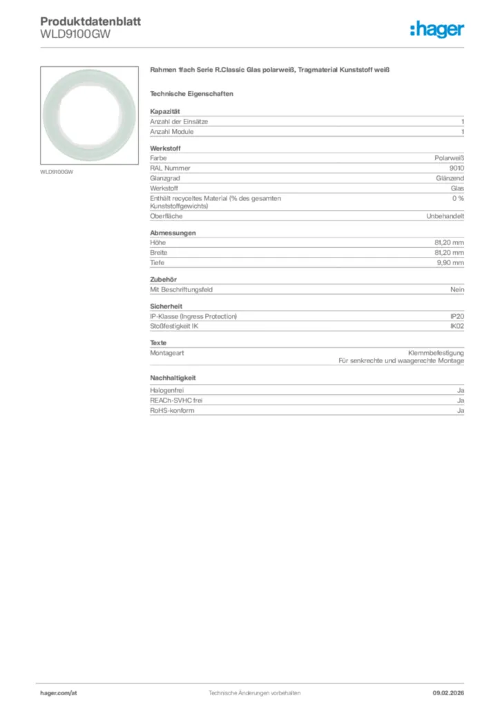 Bild Hager Produktdatenblatt WLD9100GW | Hager Deutschland