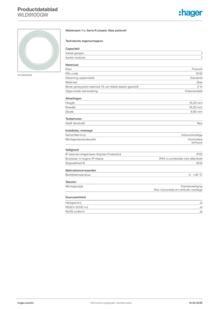 Afbeelding Hager Productdatablad WLD9100GW | Hager Nederland