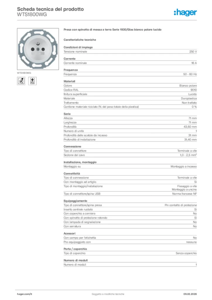 Immagine Hager Scheda tecnica del prodotto WTS1800WG | Hager Italia