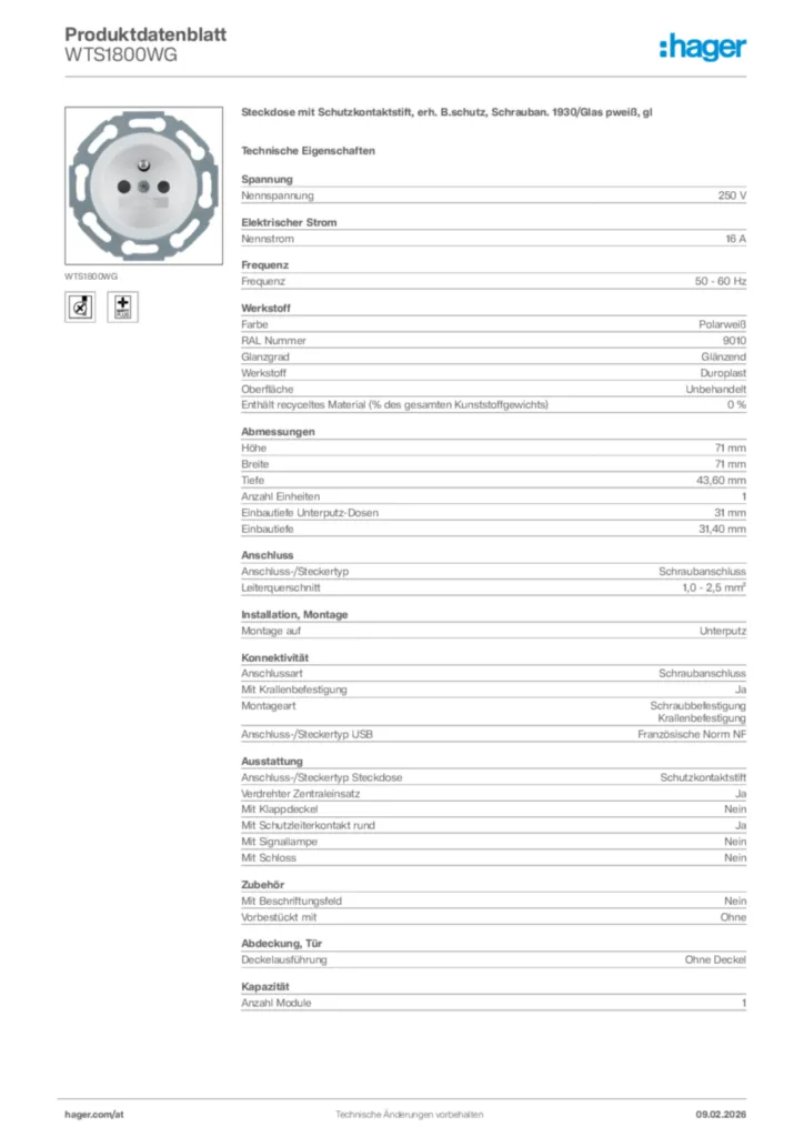 Bild Hager Produktdatenblatt WTS1800WG | Hager Deutschland