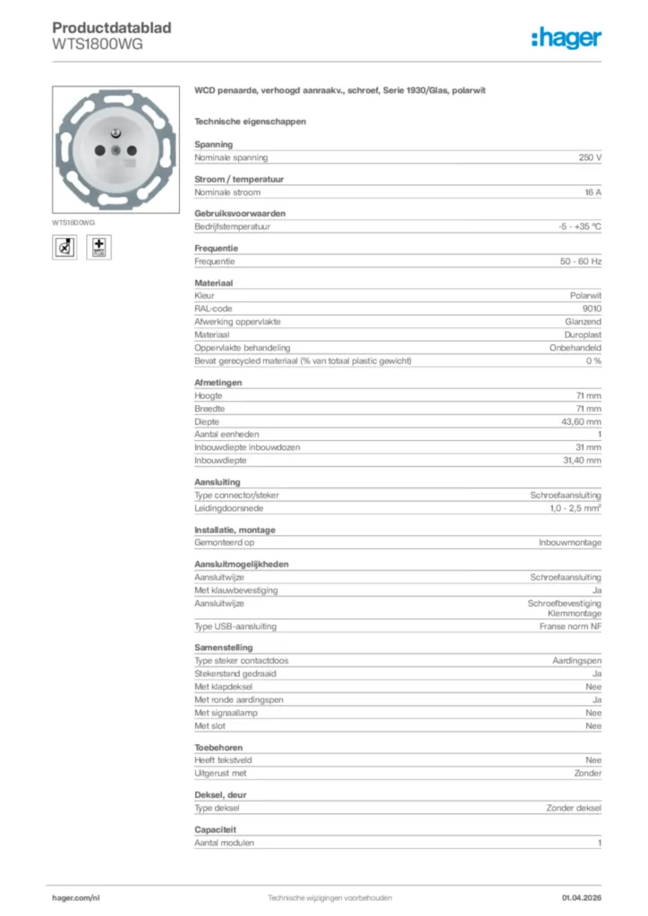 Afbeelding Hager Productdatablad WTS1800WG | Hager Nederland