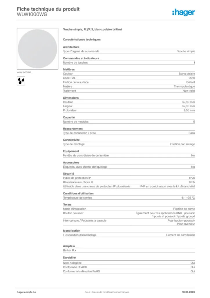 Image Hager Fiche technique du produit WLW1000WG | Hager Belgique