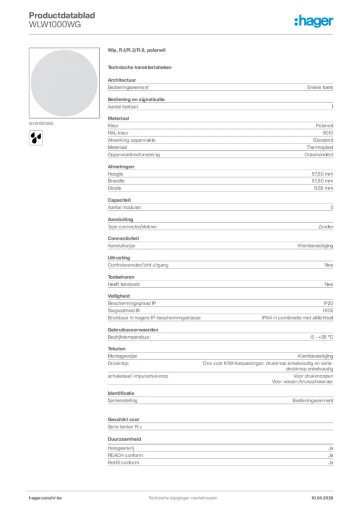 Afbeelding Hager Productdatablad WLW1000WG | Hager Belgium
