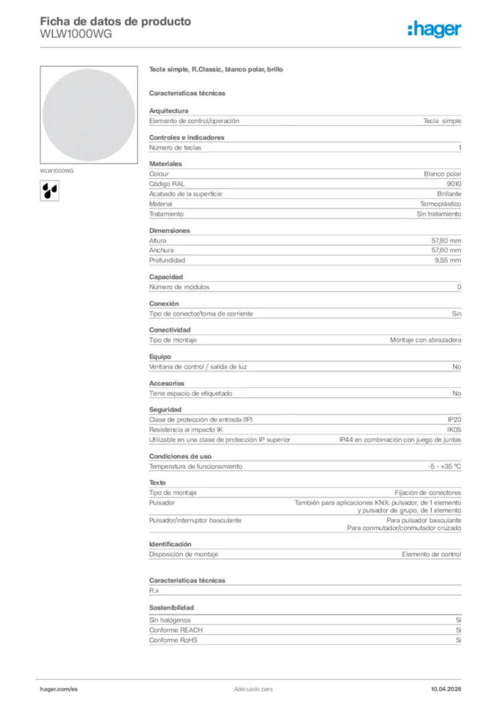 Imagen Hager Ficha de datos de producto WLW1000WG | Hager España