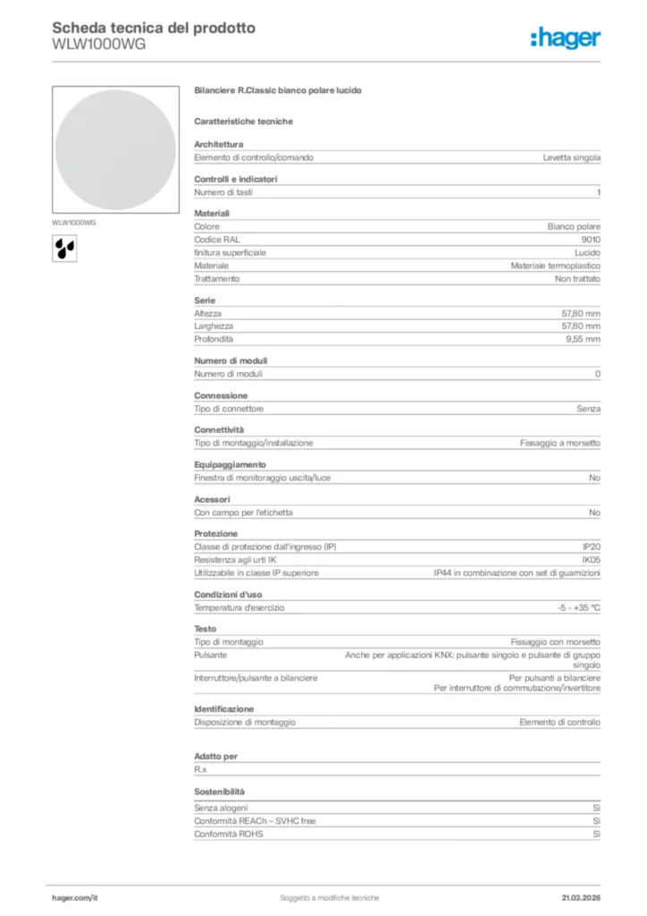 Immagine Hager Scheda tecnica del prodotto WLW1000WG | Hager Italia