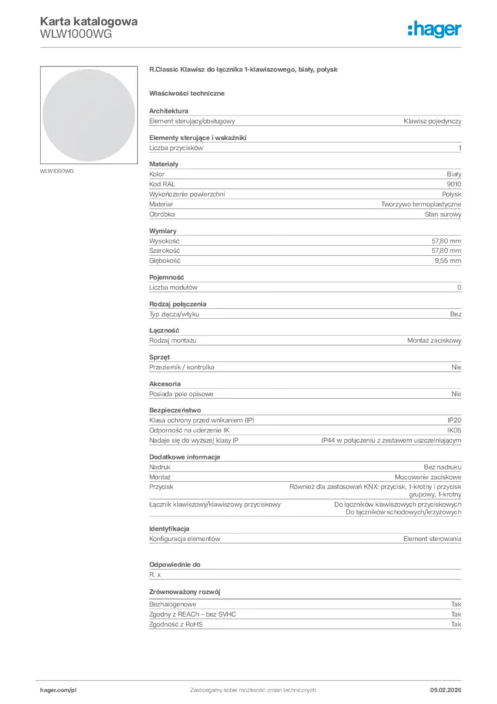 Zdjęcie Hager Karta katalogowa WLW1000WG | Hager Polska