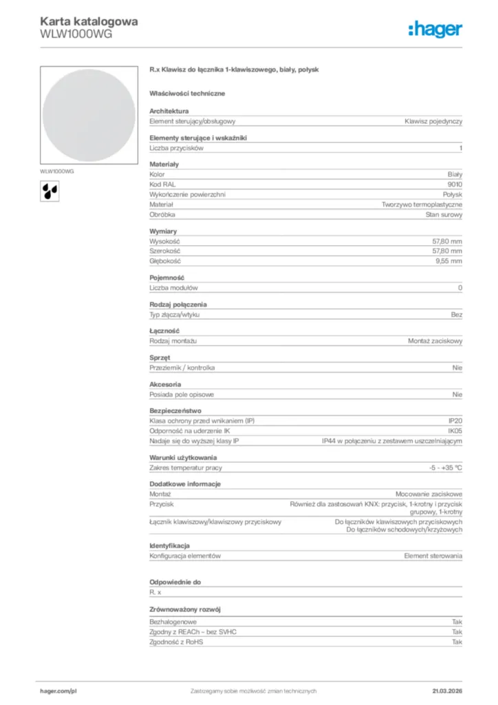 Zdjęcie Hager Karta katalogowa WLW1000WG | Hager Polska