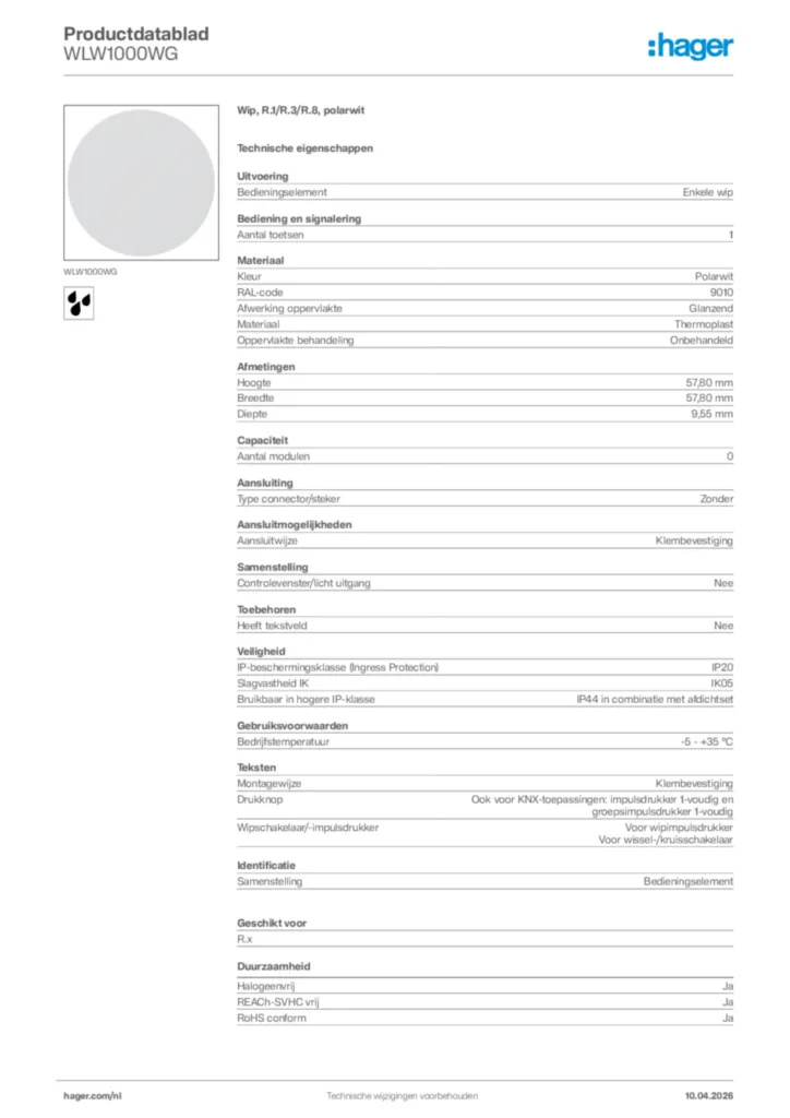 Afbeelding Hager Productdatablad WLW1000WG | Hager Nederland
