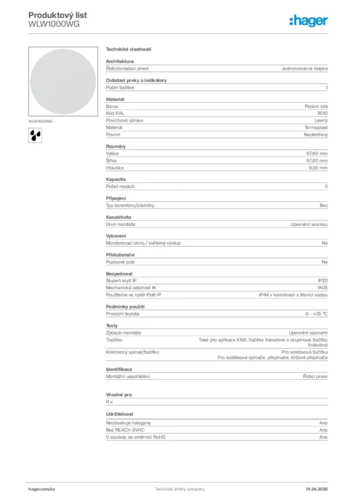 Obrázek Hager Product data sheet WLW1000WG | Hager