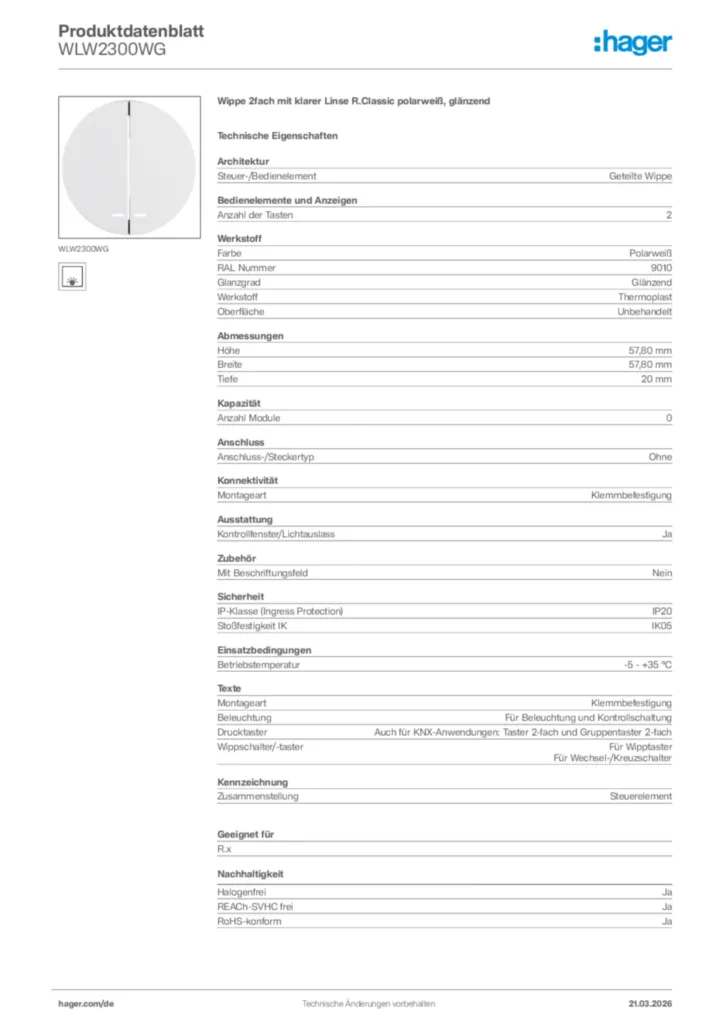 Bild Hager Produktdatenblatt WLW2300WG | Hager Deutschland